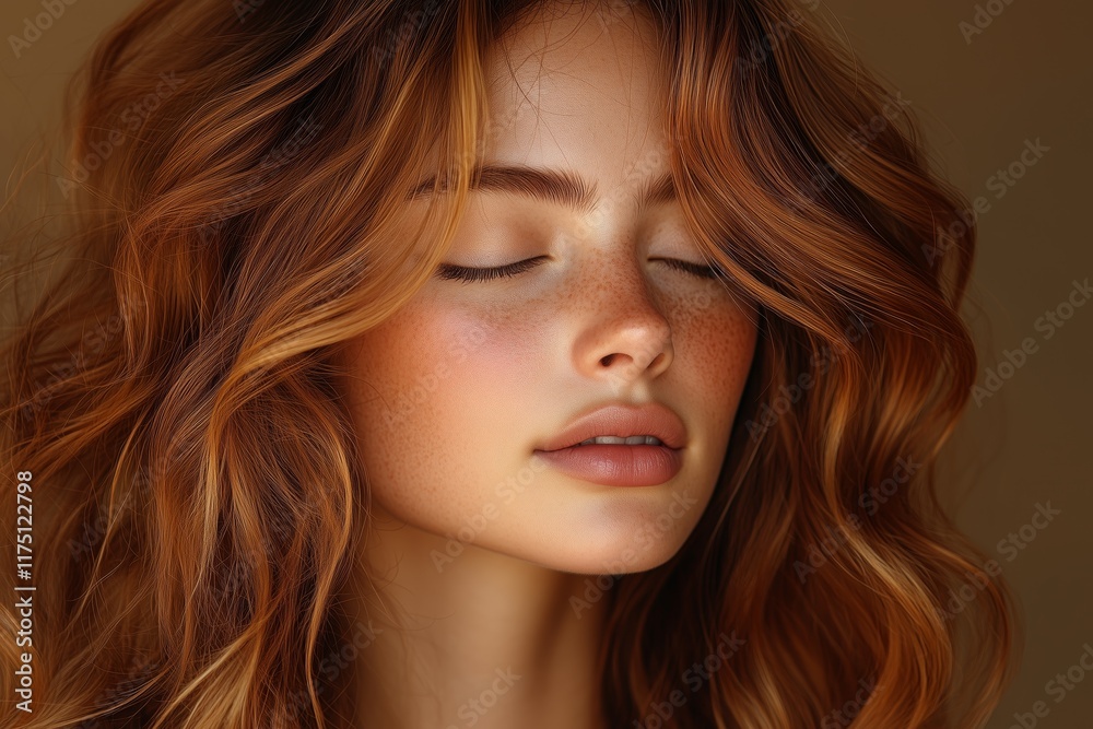 young woman, 20s, flowing auburn muted mocha brown toned hair on a muted mocha brown background young woman, 20s, flowing auburn muted mocha brown toned hair on a muted mocha brown background