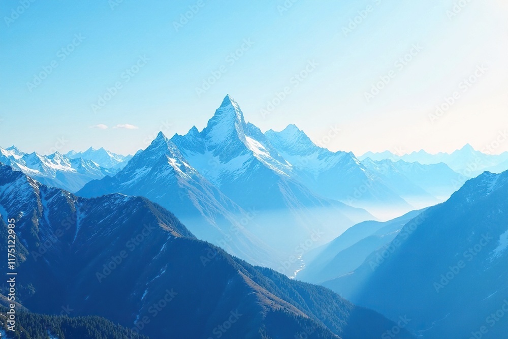 Fototapeta premium Serene mountain peaks amidst a gradient of blues and whites, white peaks, blue mountain range