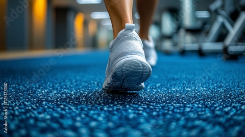 Close-up of woman's feet in white sneakers walking on blue gym floor. photo