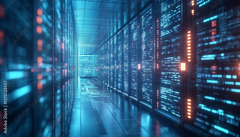 Obraz premium view into a server room with many control lights blinking - abstract background