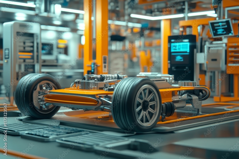 Fototapeta premium Orange vehicle chassis assembly line.