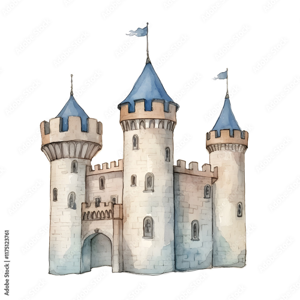 Fototapeta premium Whimsical Watercolor Castle on Minimalist White Background
