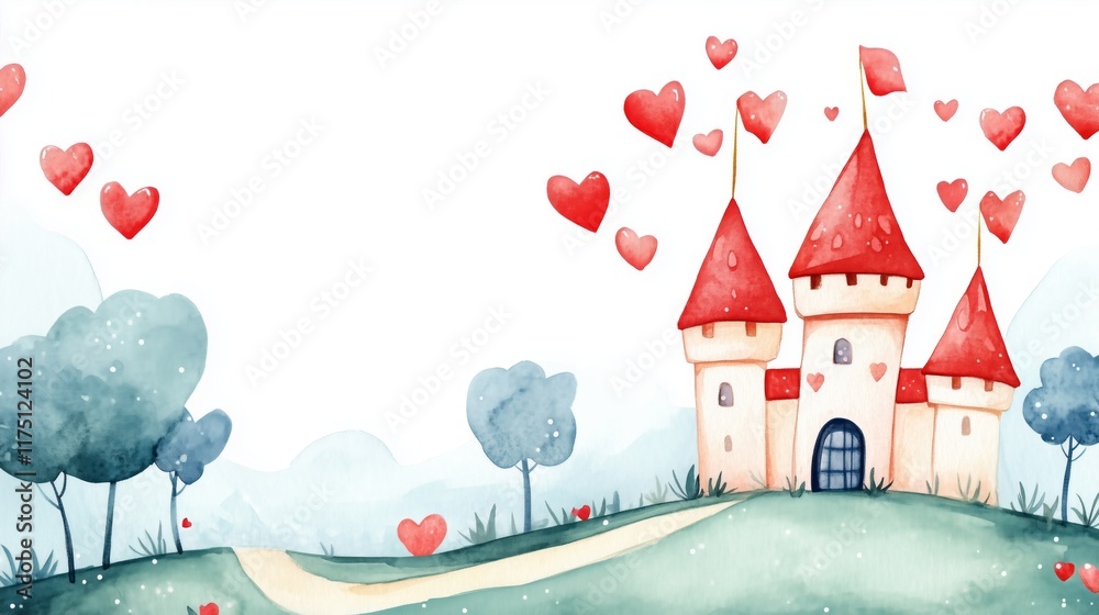 Fototapeta premium whimsical watercolor castle with heart shaped flags and trees