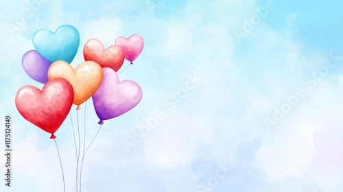 Watercolor heart shaped balloons floating against soft blue sky photo