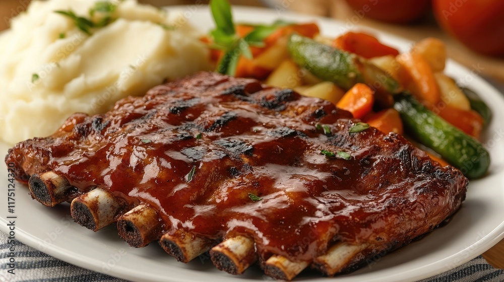 A serving of tender grilled pork ribs with a side of roasted vegetables and creamy mashed potatoes. A serving of tender grilled pork ribs with a side of roasted vegetables and creamy mashed potatoes.