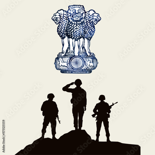 Silhouette of Indian army soldiers with ashok stambh photo