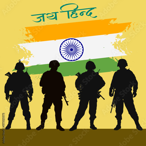 Silhouette of Indian army soldiers with Indian flag as background vector illustration. 26 January Happy Republic Day India. Indian Army Day. Silhouette of Indian army soldiers with Jai Hind text 