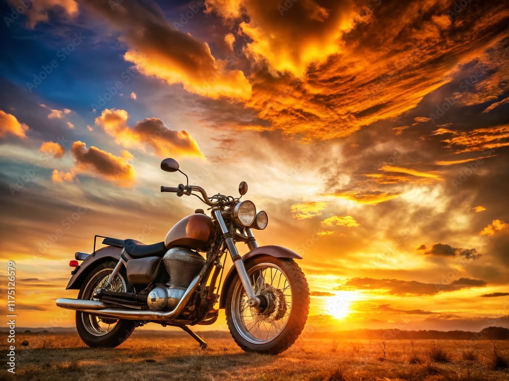 Fototapeta premium Retro Motorcycle Sunset Panoramic: Vintage Bike Silhouetted Against Vibrant Evening Sky