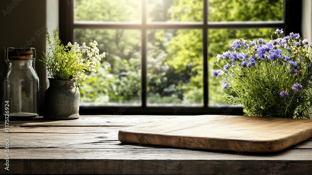 Rustic wooden table with cutting board, wildflowers, and sunlit window view. Rustic wooden table with cutting board, wildflowers, and sunlit window view.