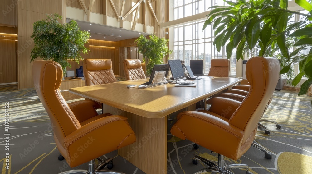Fototapeta premium Modern Office Conference Room with Leather Chairs Large Table and Plants