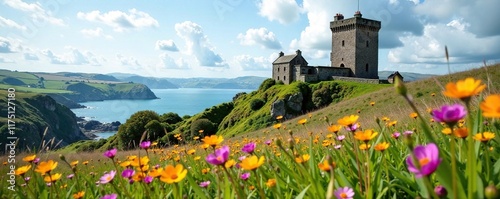 Wildflowers surrounding Aberystwyth Castle North Tower, mid wales, ceredigion