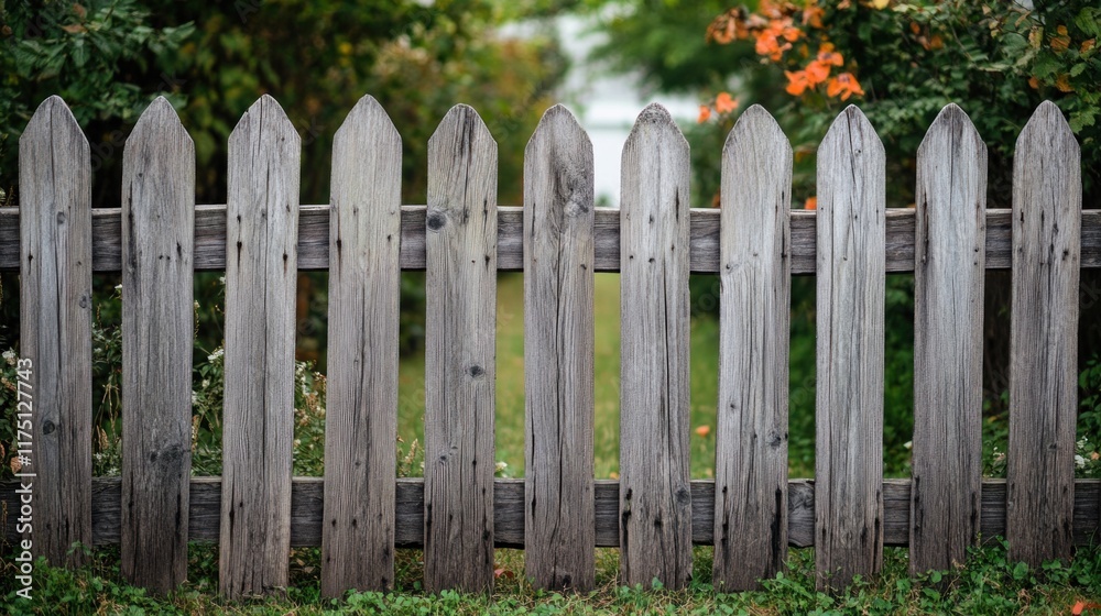 Fototapeta premium Weathered gray wooden fence featuring natural wood texture and rustic details, creating an authentic backdrop for design banners