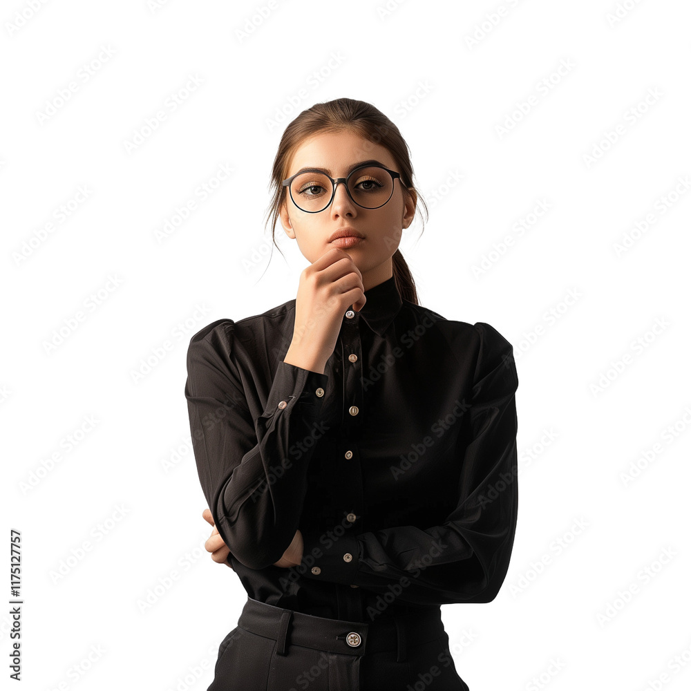 Thoughtful Young Woman in Stylish Black Outfit Thoughtful Young Woman in Stylish Black Outfit