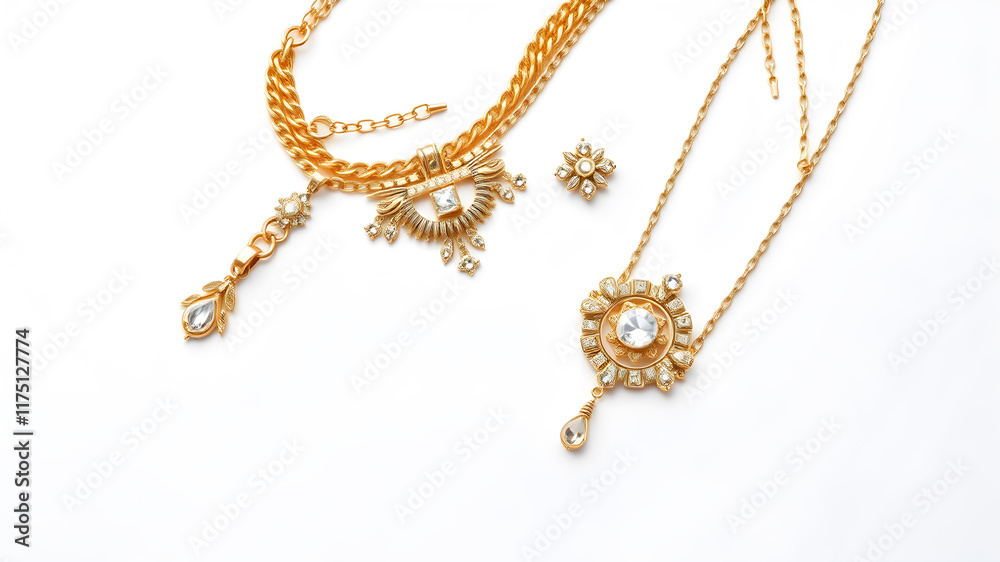 Gold jewelry isolated on white background. Flat lay, top view. Generative AI