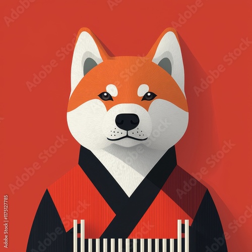 Cartoon Style Shiba Inu Dog in Traditional Japanese Attire Portrait