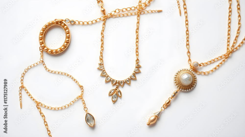 Gold jewelry isolated on white background. Flat lay, top view. Generative AI Gold jewelry isolated on white background. Flat lay, top view. Generative AI