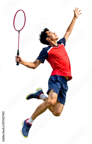 Pro male badminton player doing flying jump smash mid-air on isolated background