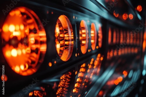 Illuminated circular apertures in a dark panel. photo