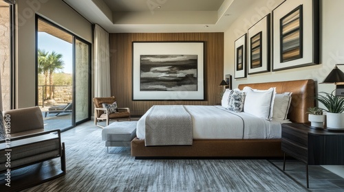 A spacious bedroom with a sleek, contemporary bed and an accent wall showcasing modern art.