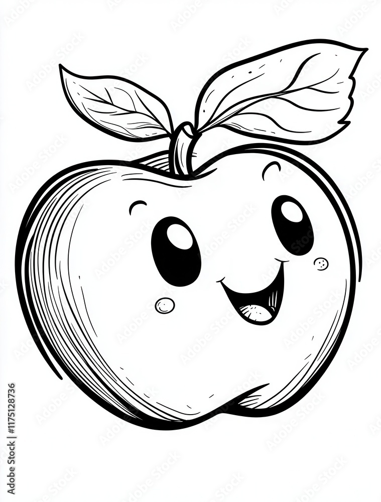Obraz premium Cute cartoon apple with a smiling face and leaves