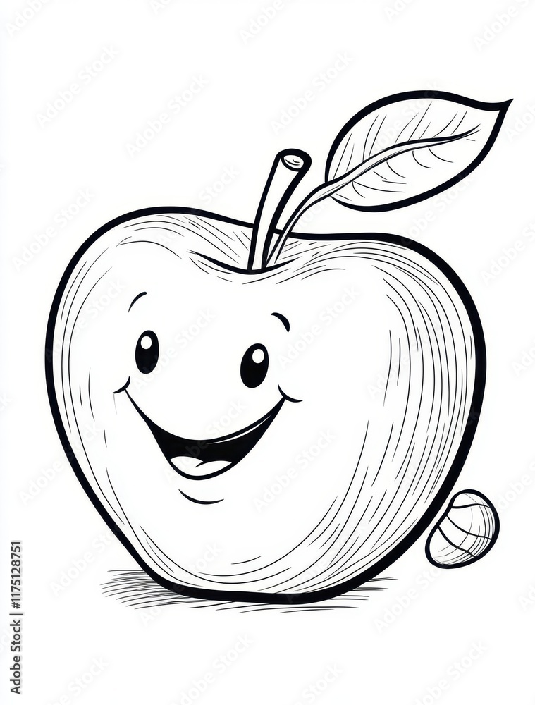Obraz premium Cute cartoon apple with a big smile, perfect for coloring pages.