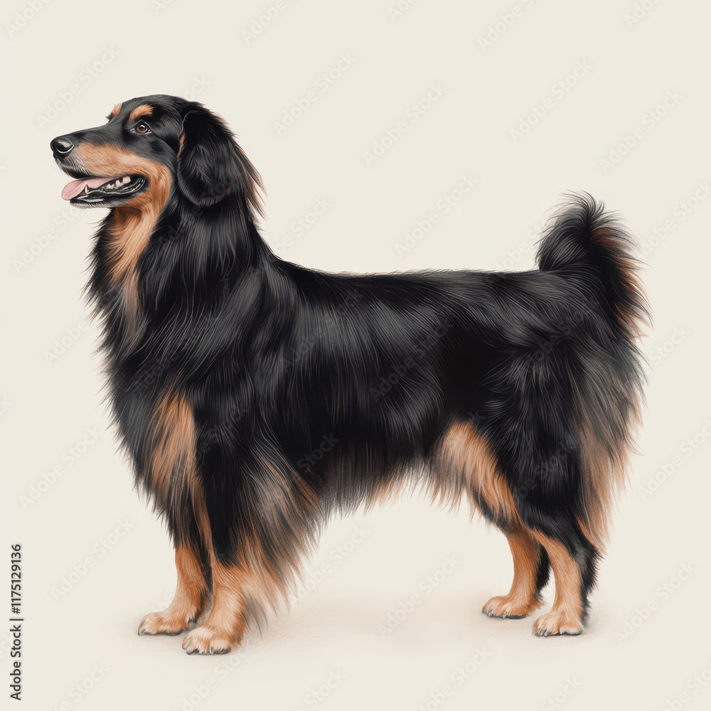 Detailed Portrait of a Fluffy Black and Tan Dog Against Simple Background Detailed Portrait of a Fluffy Black and Tan Dog Against Simple Background