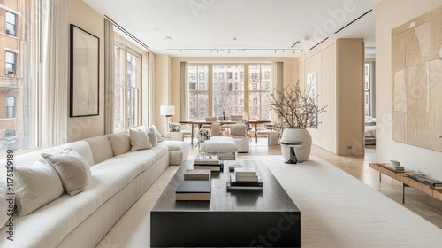 A spacious living room with a minimalist design, featuring neutral-colored furniture and a stylish coffee table.
