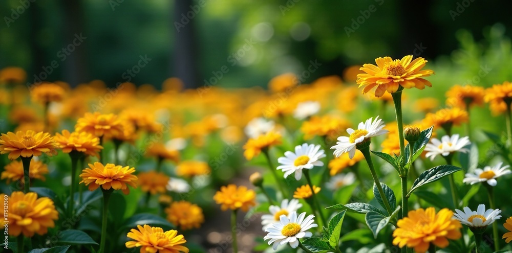 Fototapeta premium Yellow and white zinnias filling a empty grave site at the end of summer, death, flowers, decay