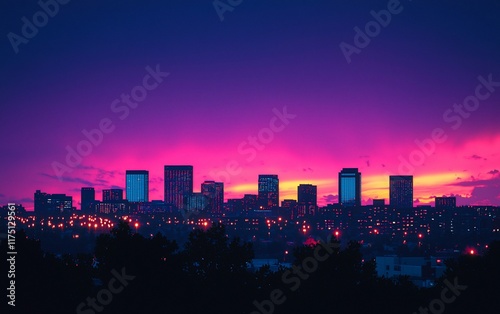 Wallpaper Mural Vibrant city skyline at sunset with purple and pink hues. Torontodigital.ca