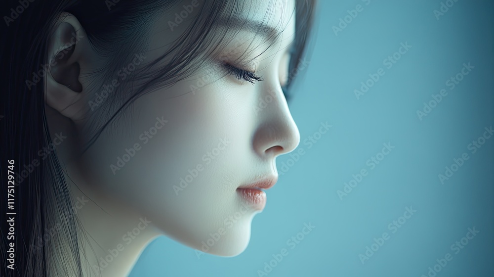 Fototapeta premium Serene Profile of a Young Woman with Dark Hair