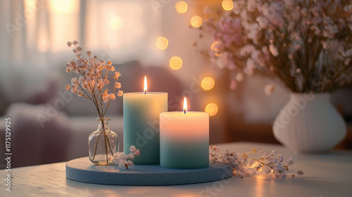 Soft glowing candles with flowers in cozy ambiance