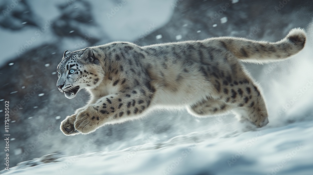 Obraz premium Majestic leap of snow leopard in winter.