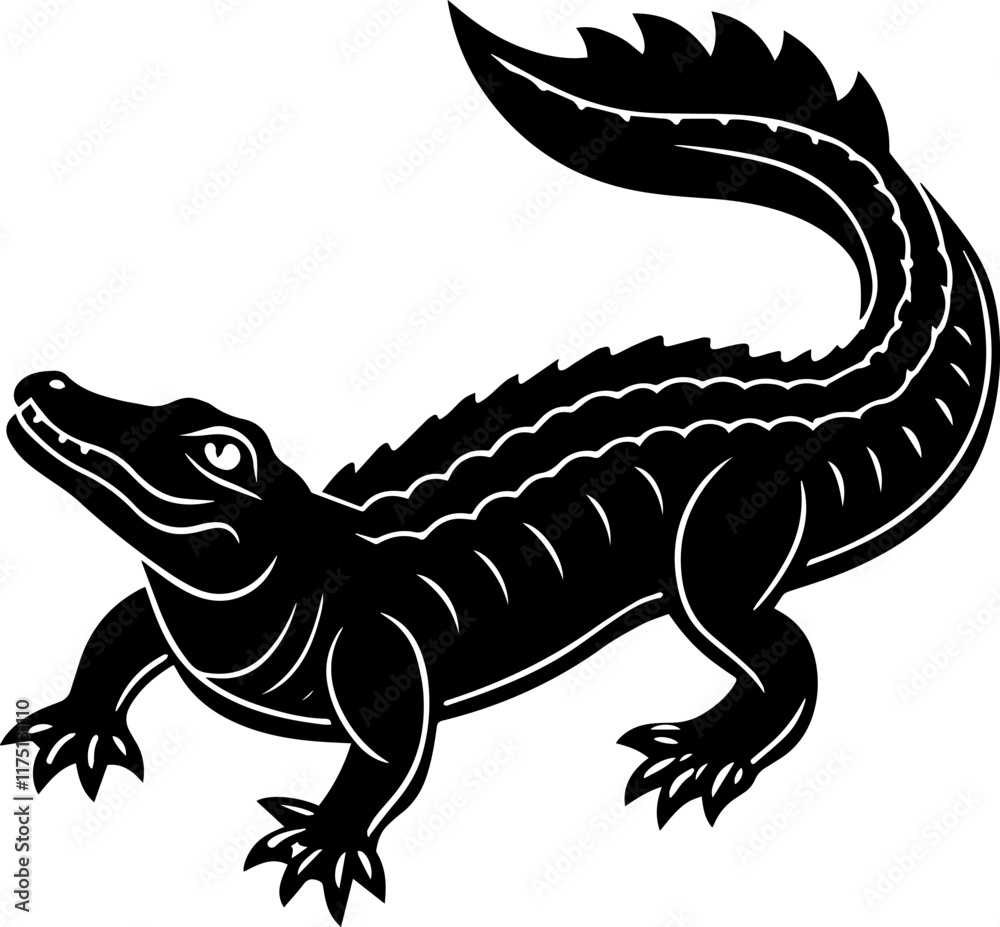 Fototapeta premium Illustration of an Alligator, Black Silhouette of a Crocodile - Vector Illustration