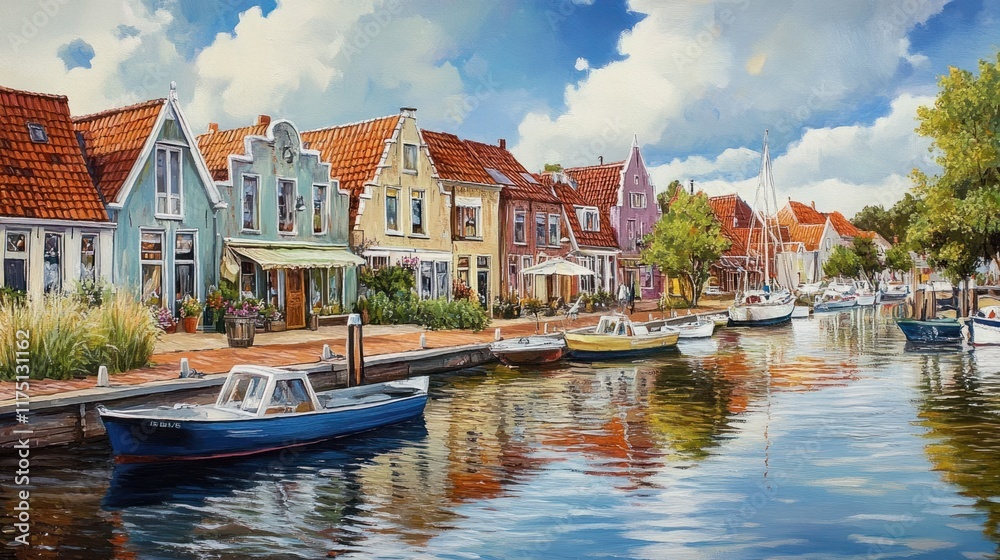 Fototapeta premium A serene canal scene with charming houses in bright colors and small boats docked along the water edge