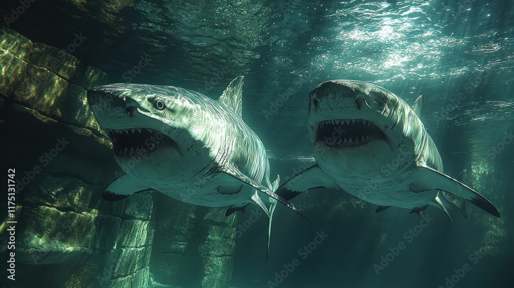 Fototapeta premium Two sharks swimming in an underwater environment with sunlight filtering through the water.