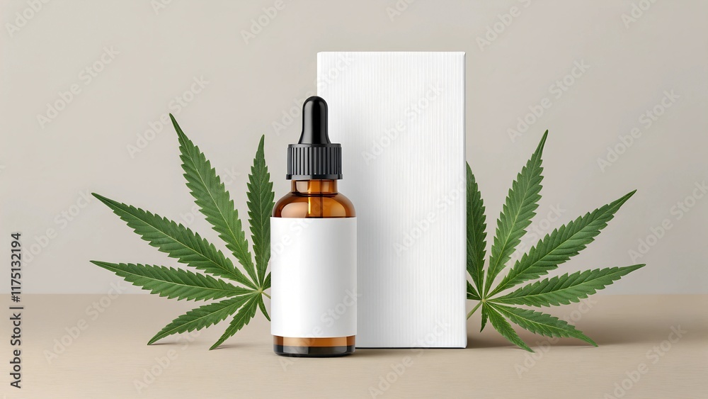 Mockup of an amber CBD oil dropper bottle with a blank label, positioned next to a white textured box, flanked by vibrant cannabis leaves on a neutral beige background. Ideal for CBD branding design. Mockup of an amber CBD oil dropper bottle with a blank label, positioned next to a white textured box, flanked by vibrant cannabis leaves on a neutral beige background. Ideal for CBD branding design.