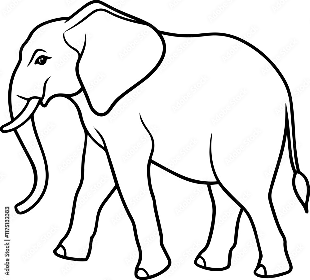 Fototapeta premium Black line art of a Walking Elephant on a White Background - Vector Illustration