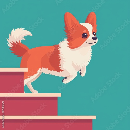 Playful Small Dog Running Up Colorful Steps in a Modern Style