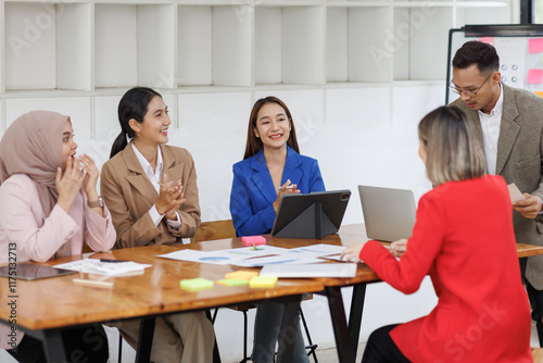 Business asian people, happy and celebration for success in office with company investment and stock market bonus. Teamwork, employees and support or trading achievement excited in boardroom.