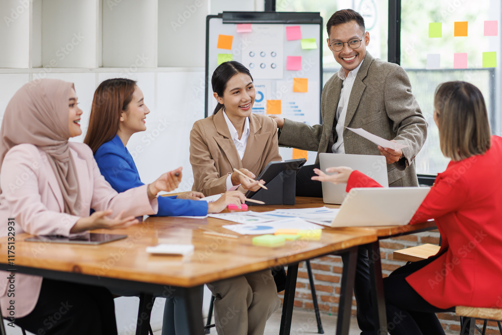 Fototapeta premium Business asian people, happy and celebration for success in office with company investment and stock market bonus. Teamwork, employees and support or trading achievement excited in boardroom.