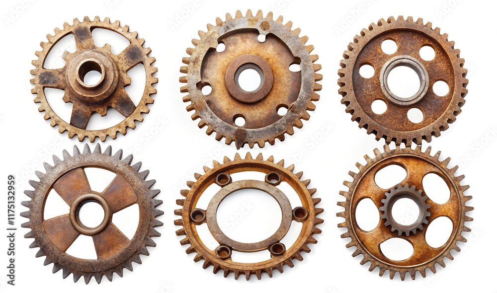 Six distinct rusty cogwheels isolated on a white background, displaying weathered surfaces, varying shapes, and aged mechanical details, symbolizing industrial heritage and engineering design. Six distinct rusty cogwheels isolated on a white background, displaying weathered surfaces, varying shapes, and aged mechanical details, symbolizing industrial heritage and engineering design.