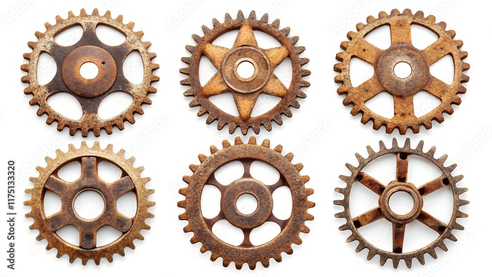 Six aged rusty gears isolated on a white background, each displaying distinct shapes and weathered surfaces, ideal for industrial, mechanical, and steampunk design projects. Six aged rusty gears isolated on a white background, each displaying distinct shapes and weathered surfaces, ideal for industrial, mechanical, and steampunk design projects.