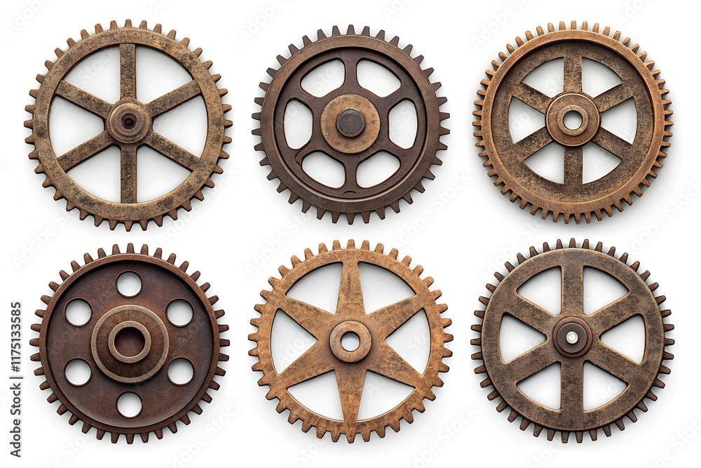 Six rusty gears isolated on a white background, each with distinct patterns, circular cutouts, and aged surfaces, symbolizing mechanical engineering and industrial design. Six rusty gears isolated on a white background, each with distinct patterns, circular cutouts, and aged surfaces, symbolizing mechanical engineering and industrial design.