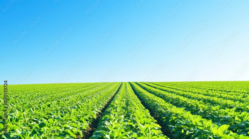 Lush Green Agricultural Field Under a Clear Blue Sky Rows of Crops Farming Agriculture Plantation Lush Green Agricultural Field Under a Clear Blue Sky Rows of Crops Farming Agriculture Plantation