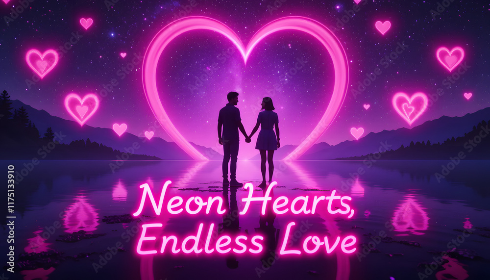 Obraz premium Glowing neon hearts with 