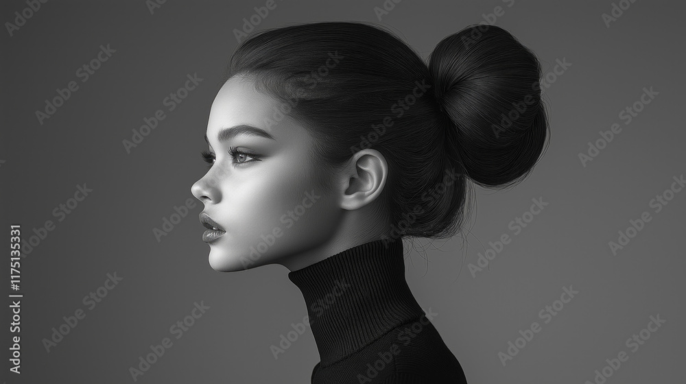 Fototapeta premium Elegant profile of young asian woman with sophisticated hairstyle in black and white. March 8, International Women's Day. Mother's Day