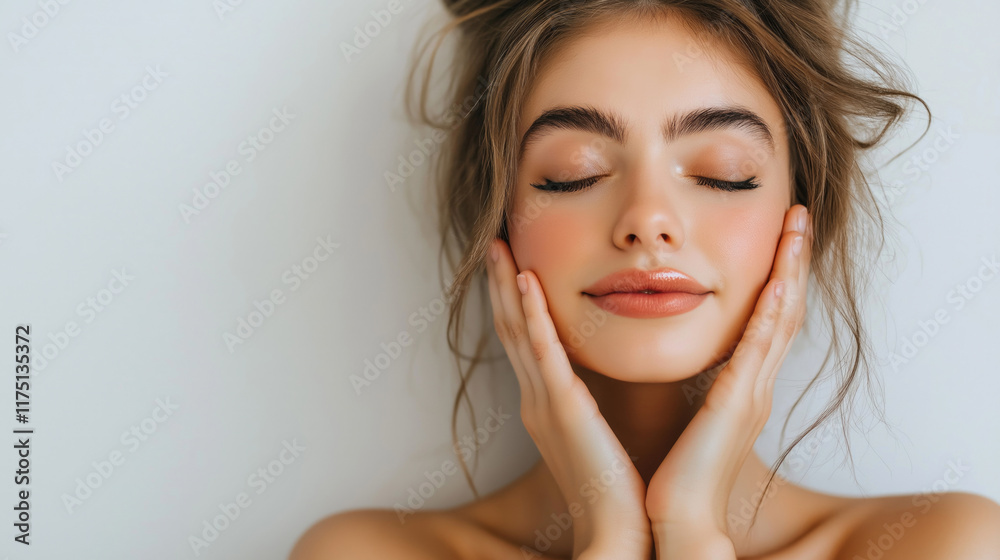 Serene young caucasian woman with closed eyes and relaxed expression. March 8, International Women's Day. Mother's Day Serene young caucasian woman with closed eyes and relaxed expression. March 8, International Women's Day. Mother's Day
