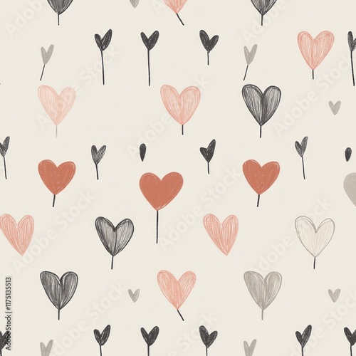 Seamless pattern with hand-drawn hearts in various shades of pink, grey, and black on a beige background.