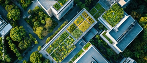 Aerial View of Lush Green Industrial Park with Rooftop Gardens