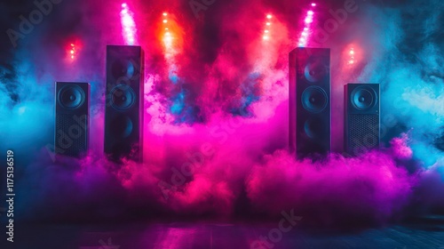 Four large speakers with vibrant pink and blue lighting and smoke. photo